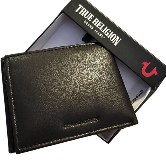 New TRUE RELIGION L-Fold Wallet Stitched Logo Black Leather Ricky Red Stitch - Picture 4 of 4